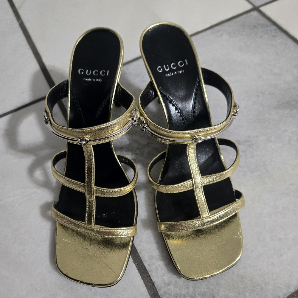 Gucci horsebit metallic gold leather sandals